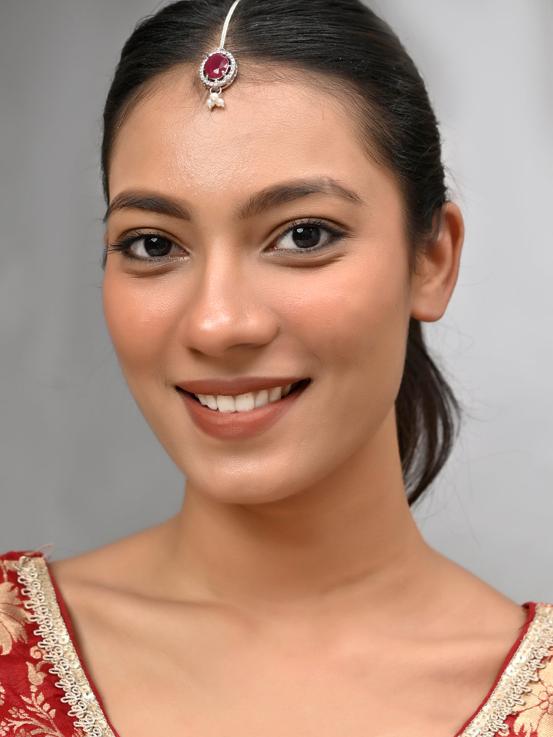 Silver Plated American Diamond Red Stone Maang Tikka for Women
