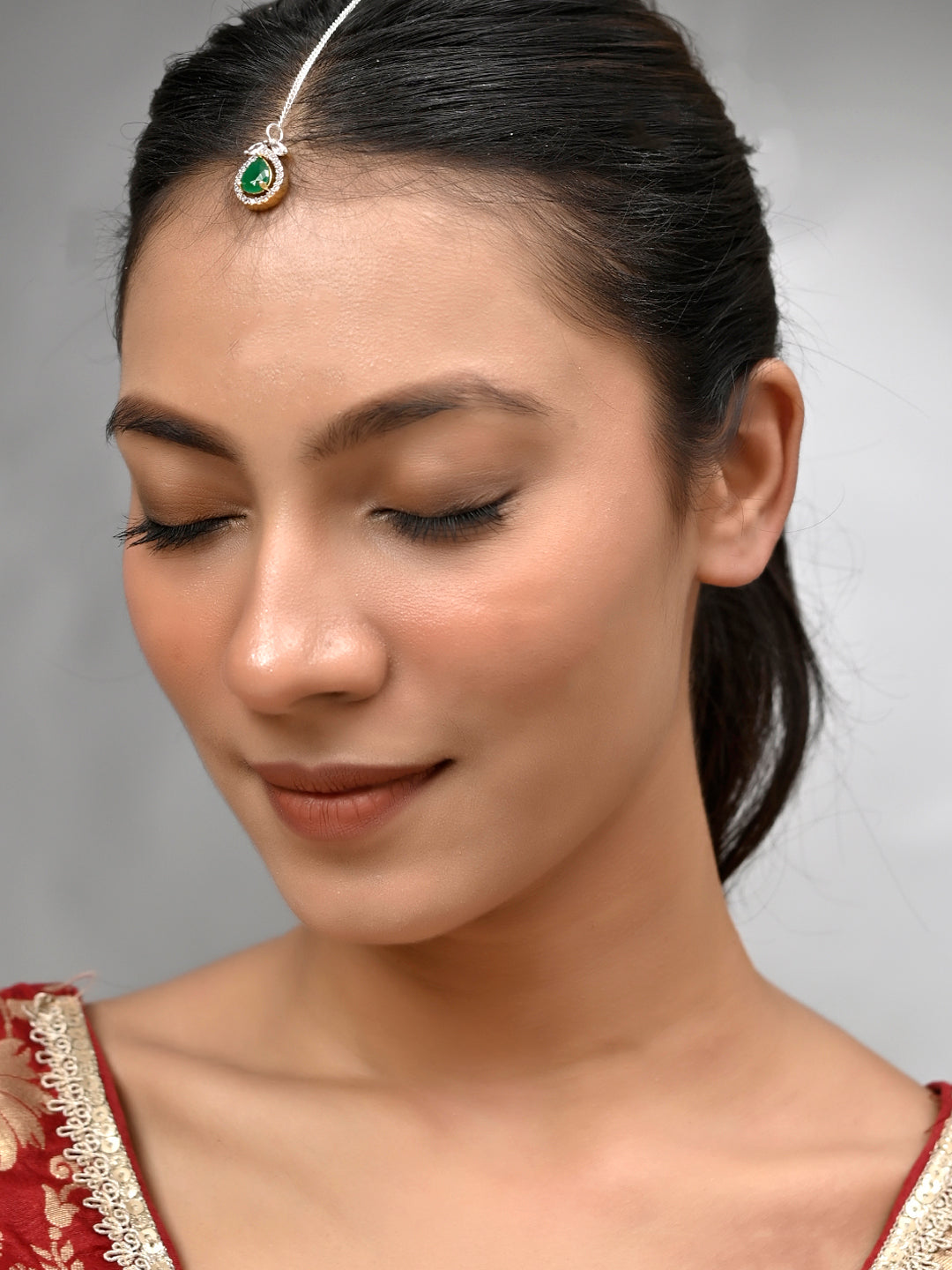American Diamond Green Stone Maang Tikka For Women