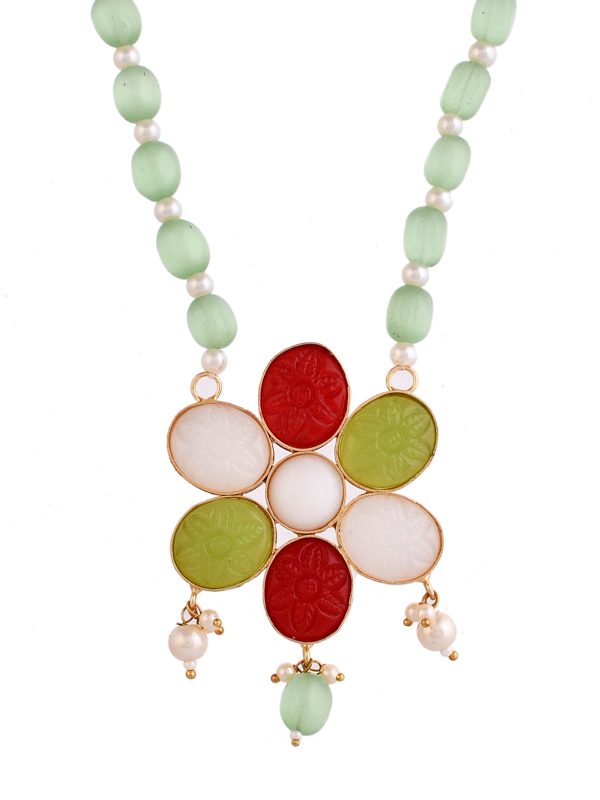 Multi Color Flower Pendant studded green stone chain necklace with earring