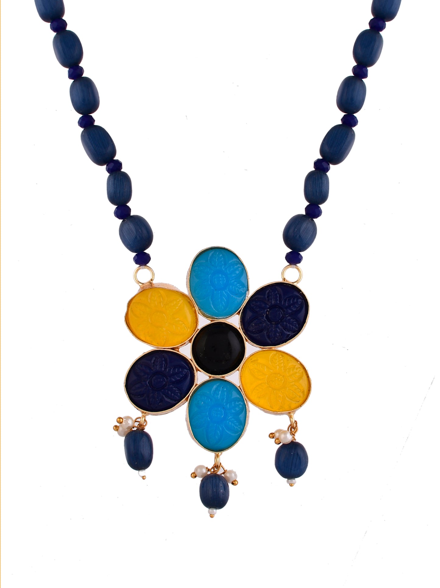 Multi Color Flower Pendant studded Blue stone chain necklace with earring