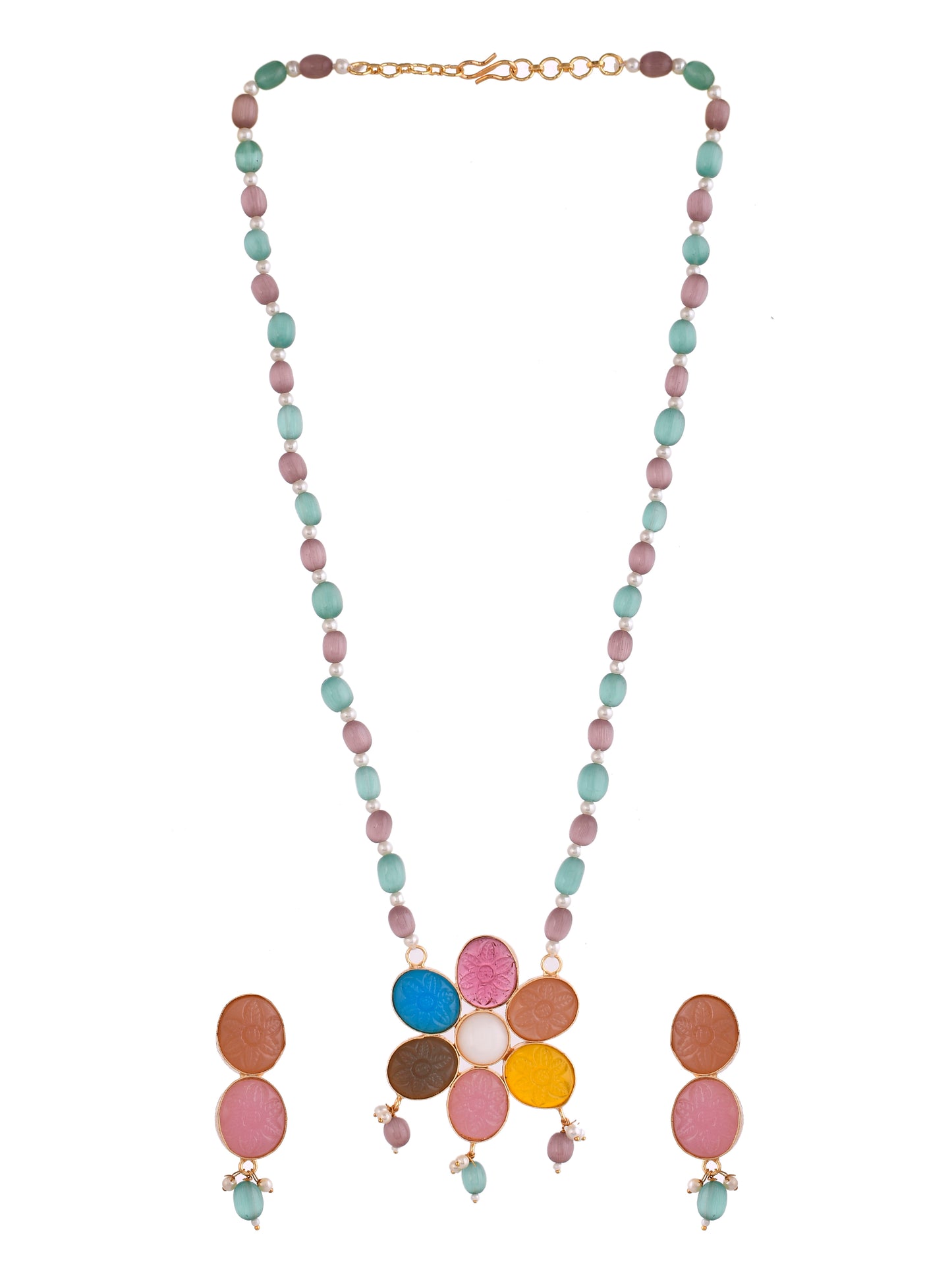 Multi Color Flower Pendant studded  Pink, green stone chain necklace with earring