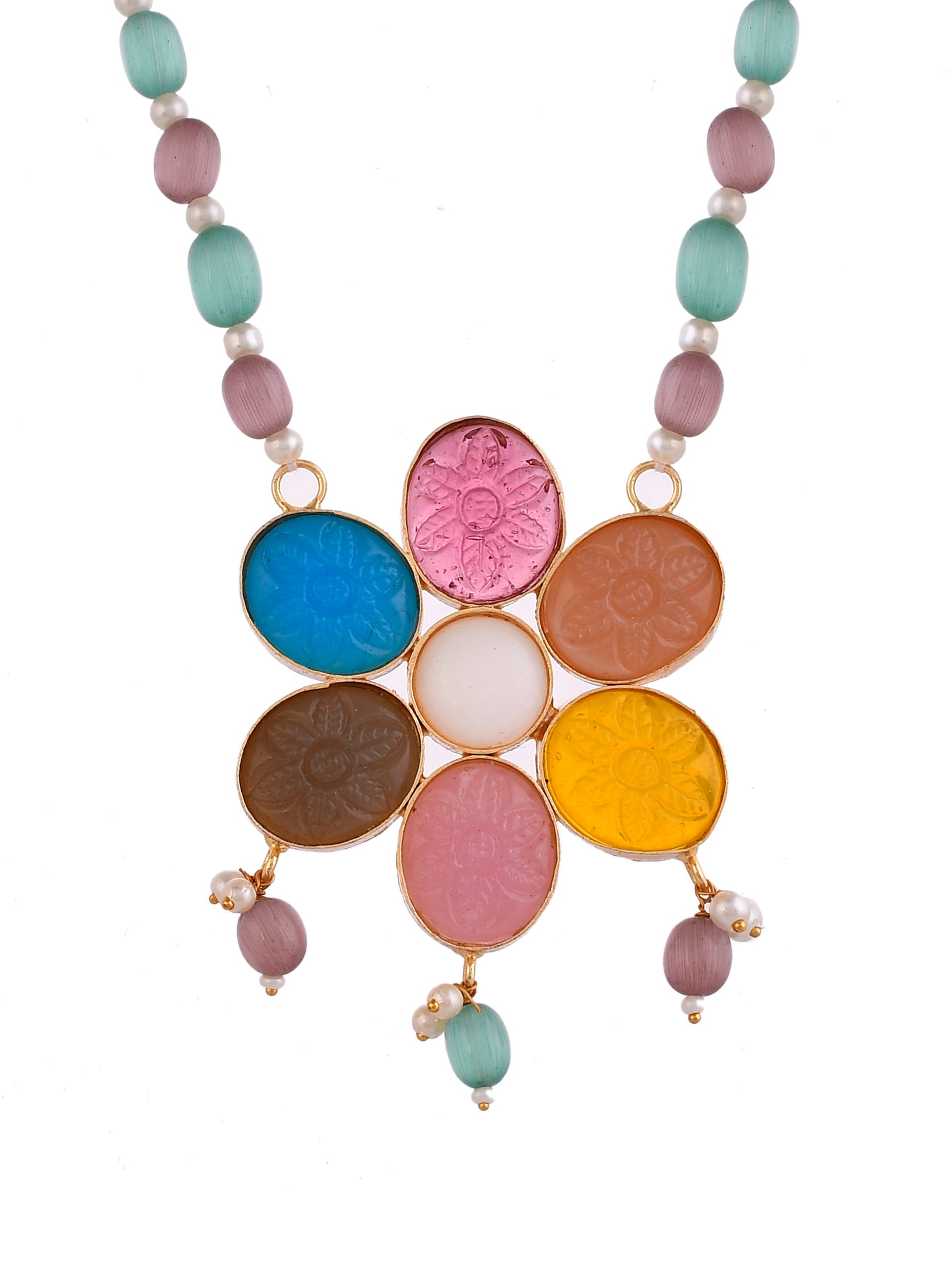 Multi Color Flower Pendant studded  Pink, green stone chain necklace with earring