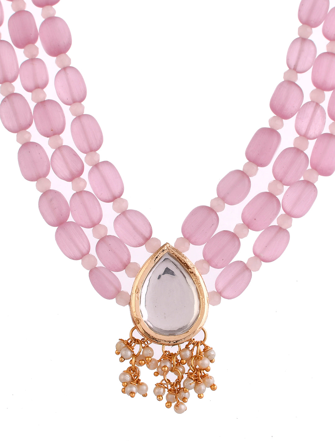 Kunden Pendant studded  Pink stone chain necklace with earring