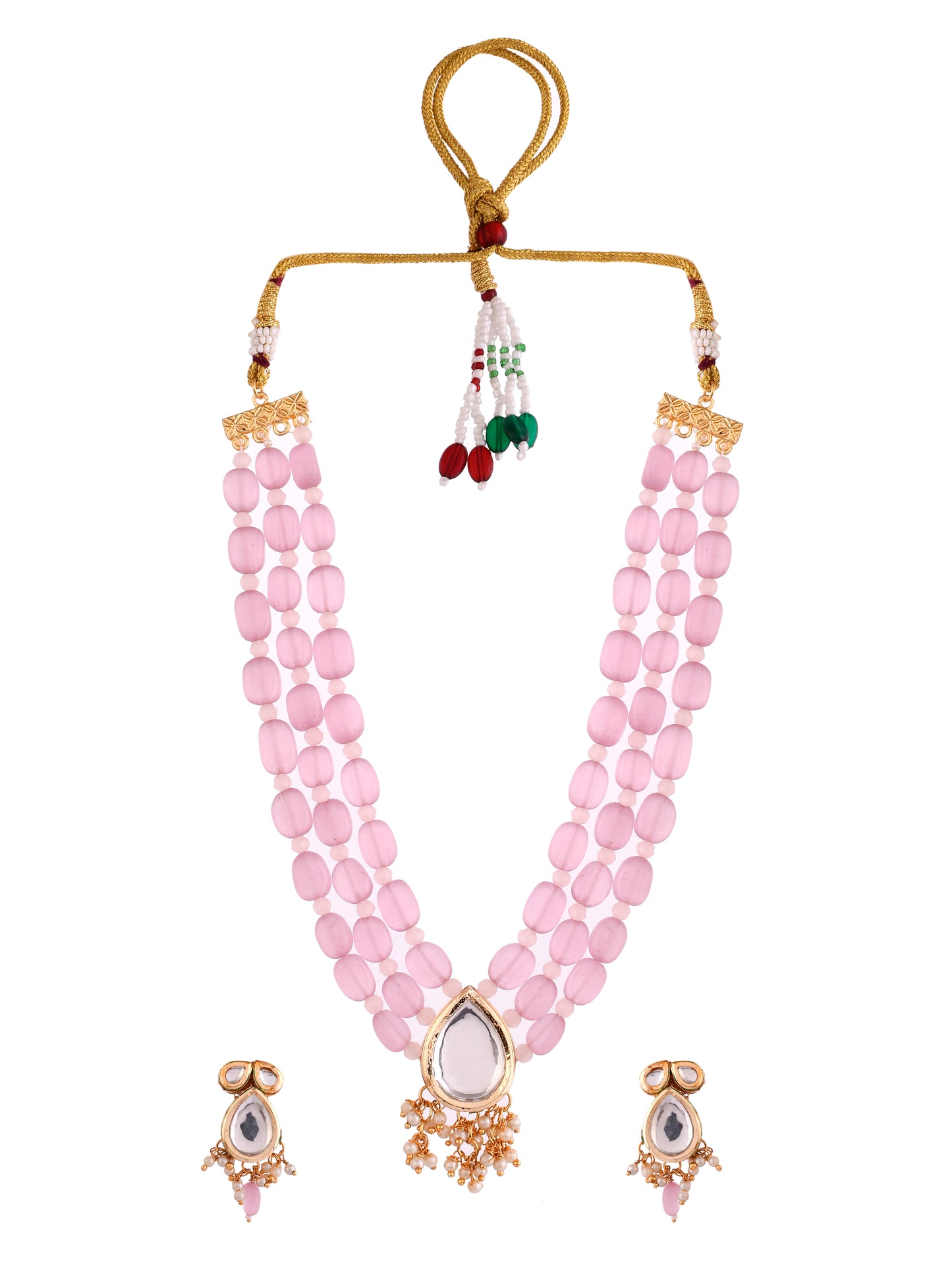 Kunden Pendant studded  Pink stone chain necklace with earring