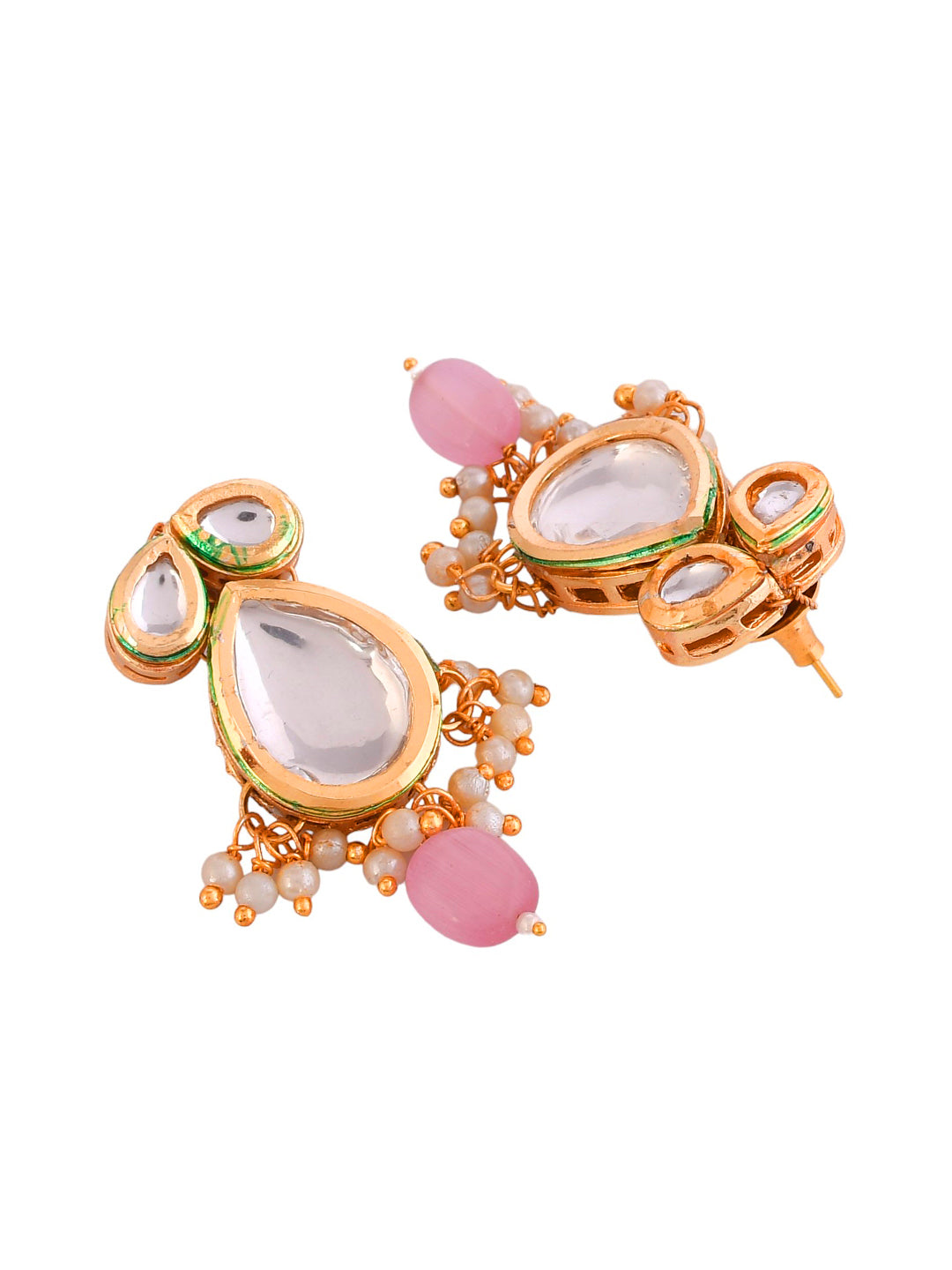 Kunden Pendant studded  Pink stone chain necklace with earring