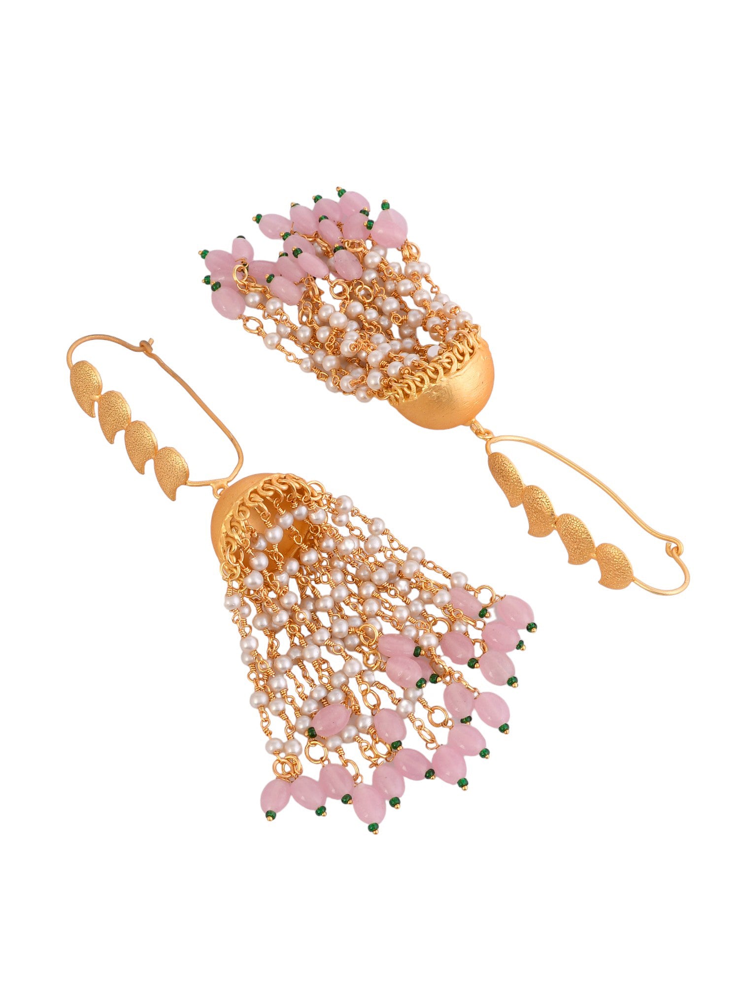 Elegant Gold-plates Jhumka Earrings with long pearls chain
