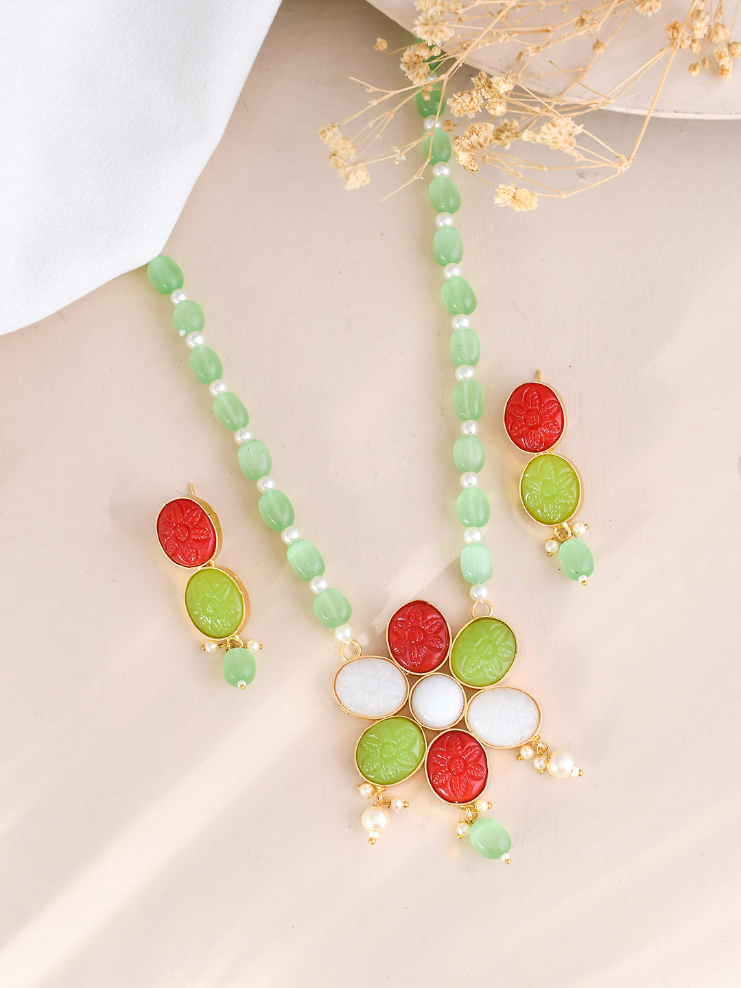 Multi Color Flower Pendant studded green stone chain necklace with earring