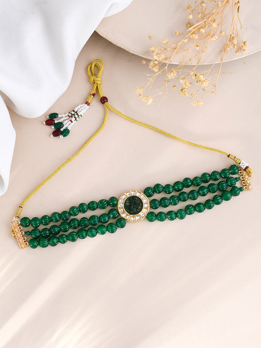 Multi Layered Green Gemstone Choker Necklace For Women & Girls