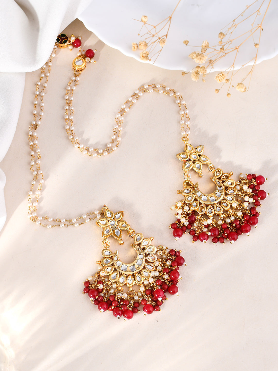 Elegant Gold-plated and Red Gemstone Long Drop Earrings for a Royal Look
