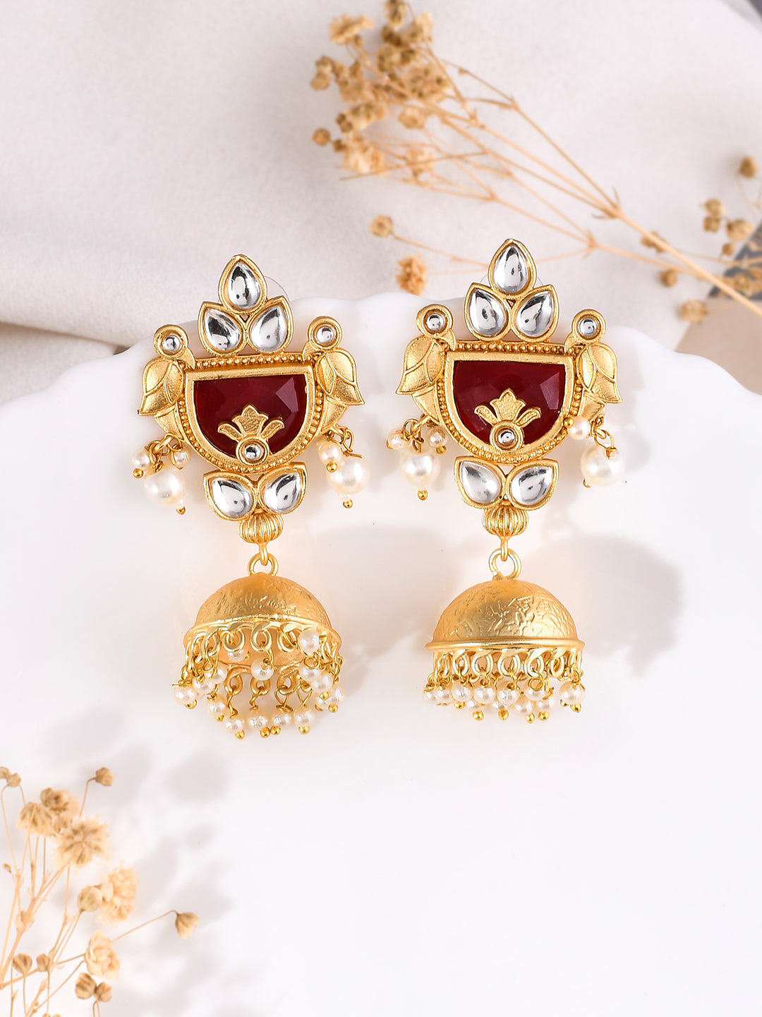 Elegant Gold-Plated  and Pearl Jhumka Earrings with Intricate Design for a Luxurious