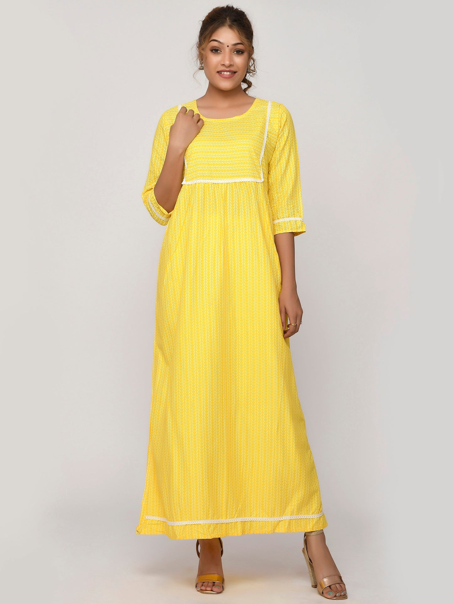 Yellow and White Colored Printed Kurta With Trouser.