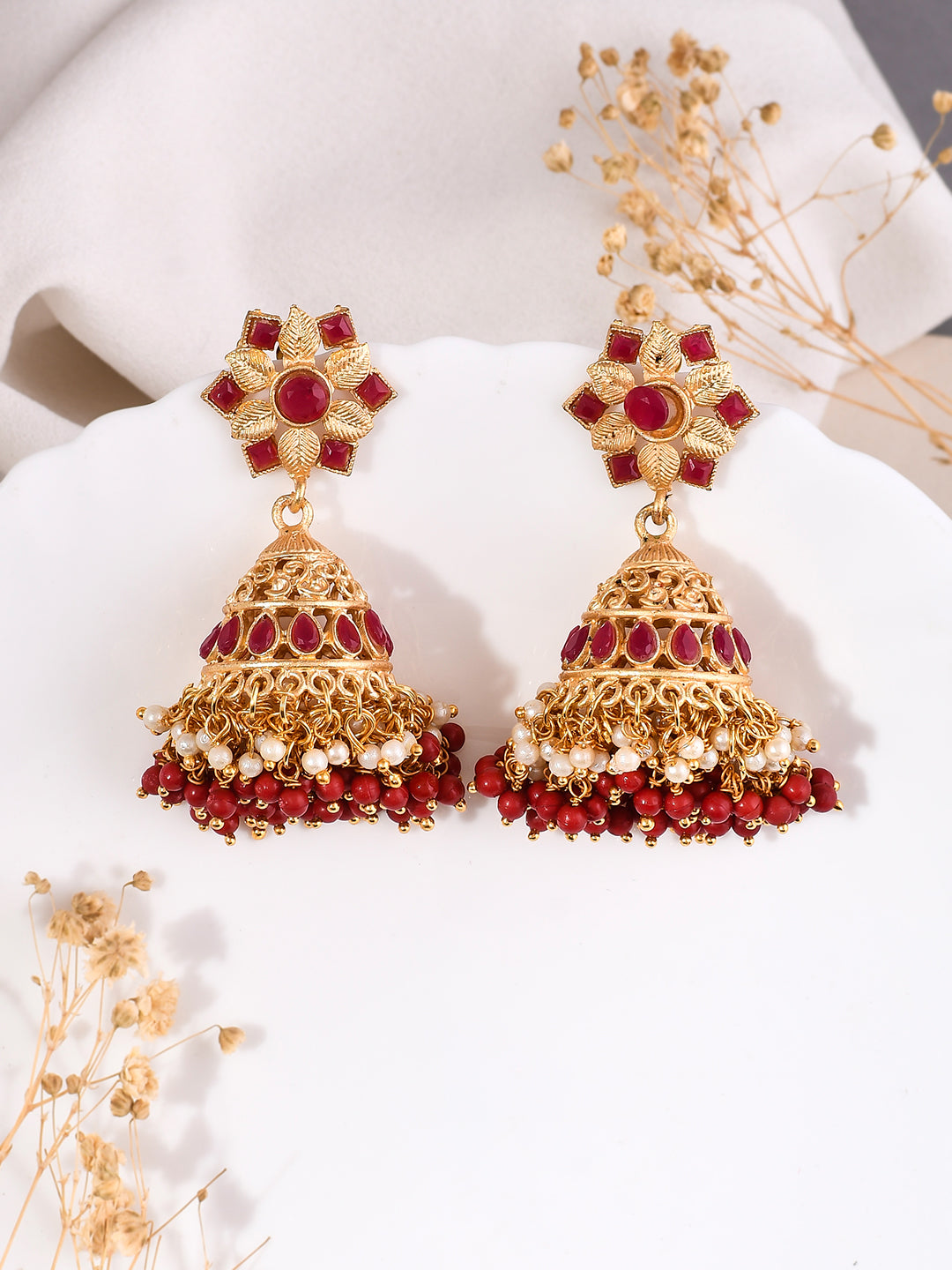 Elegant Gold-plated and Ruby Traditional Jhumka Earrings for a Regal Look