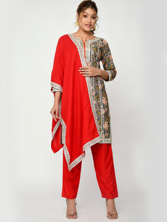 Grey and Yellow Colored Floral Printed Gotta patti Work Kurta set  With Trouser and Dupatta