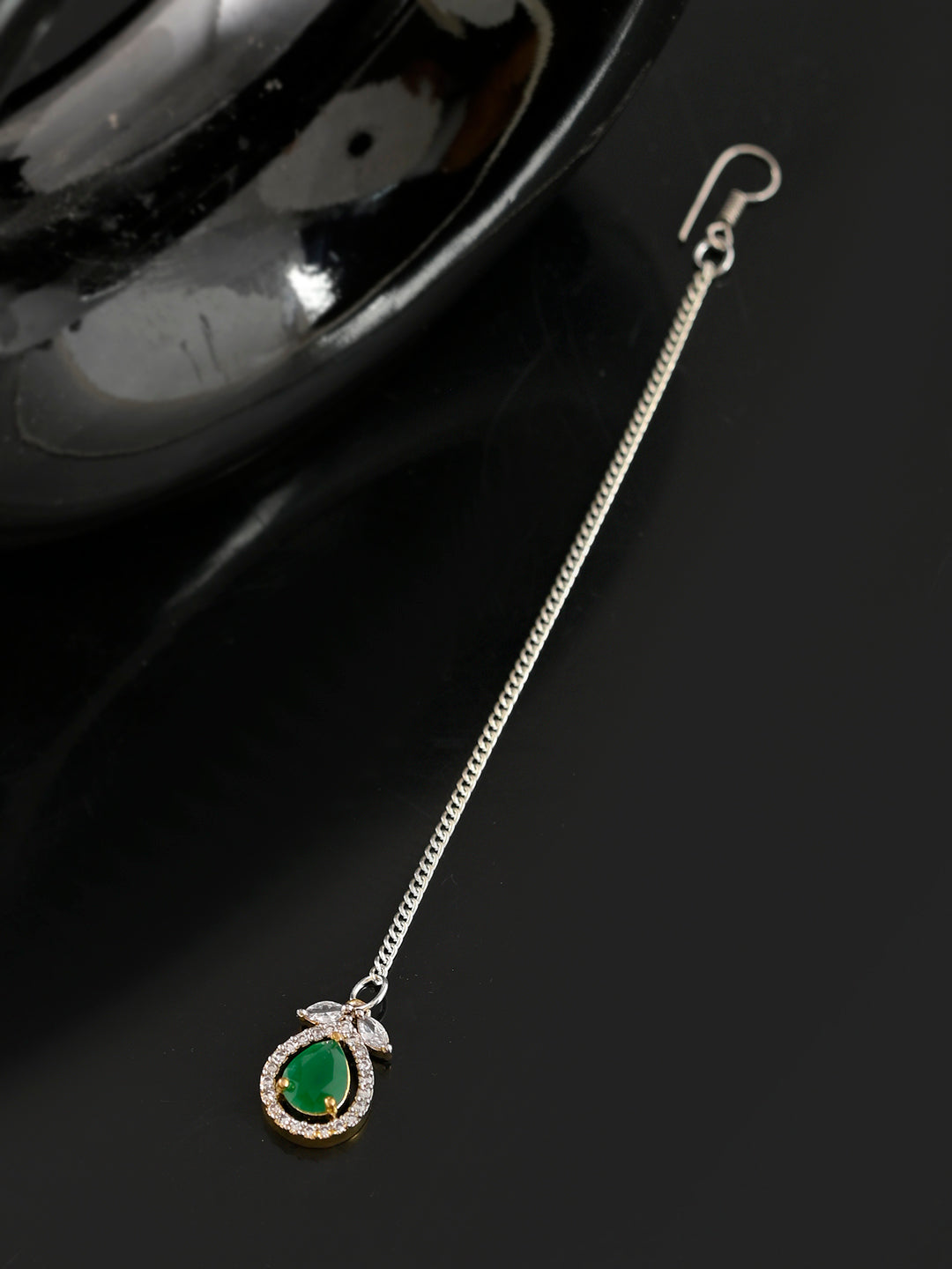 American Diamond Green Stone Maang Tikka For Women