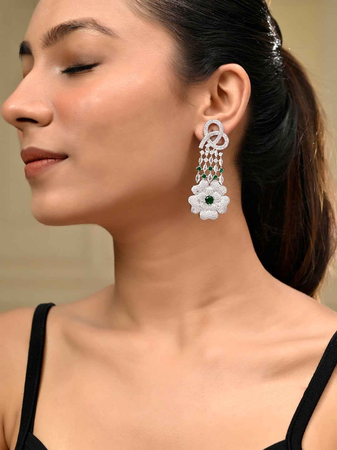 Green American Diamond Silver Plated Earrings | Ethnic Earrings