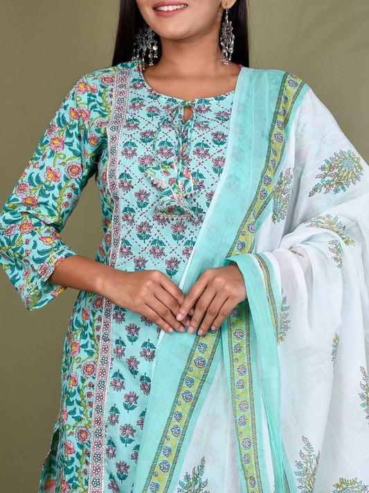 Designer Sanganeri Print Pure Cotton Floral With Dupatta Kurta Set