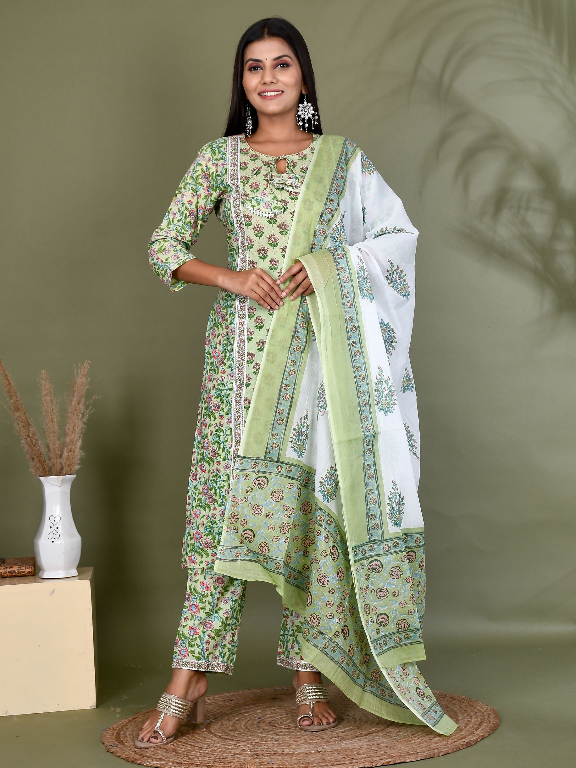 Pink - Sanganeri Block Printed Maheshwari Silk Kurta with Palazzo & Dupatta Set
