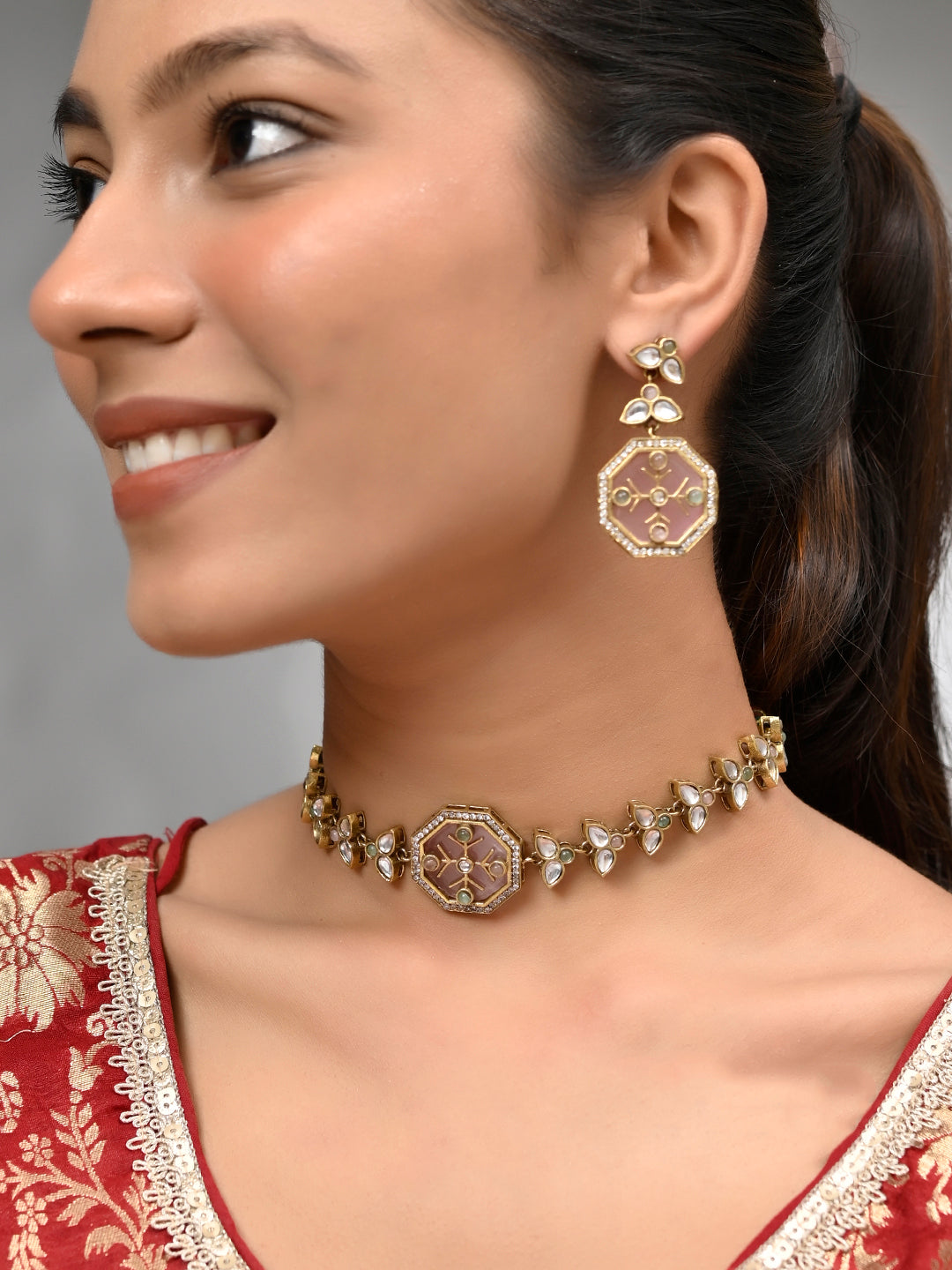 Kundan Jewellery Set With Earring | Regal Gold Jewellery Set