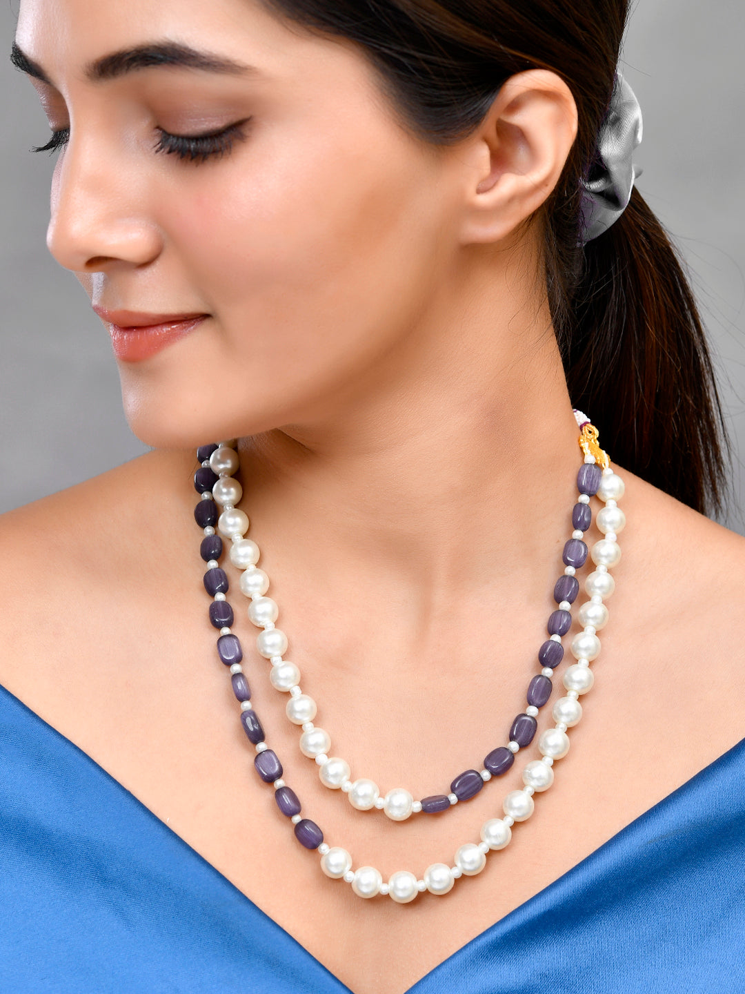 Double layered pearl with purple beads necklace