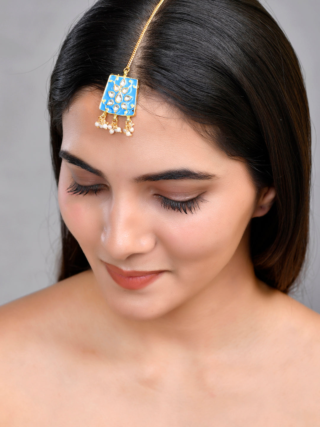 Meenakari Blue Maang Tikka With Pearl & Bridal Jewellery