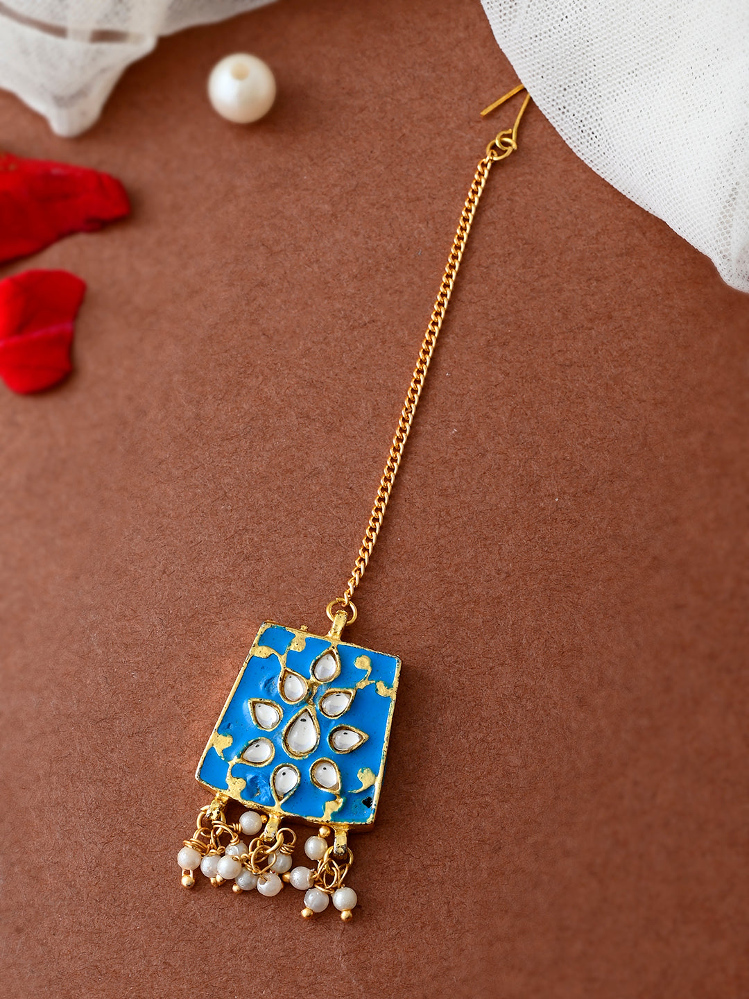 Meenakari Blue Maang Tikka With Pearl & Bridal Jewellery