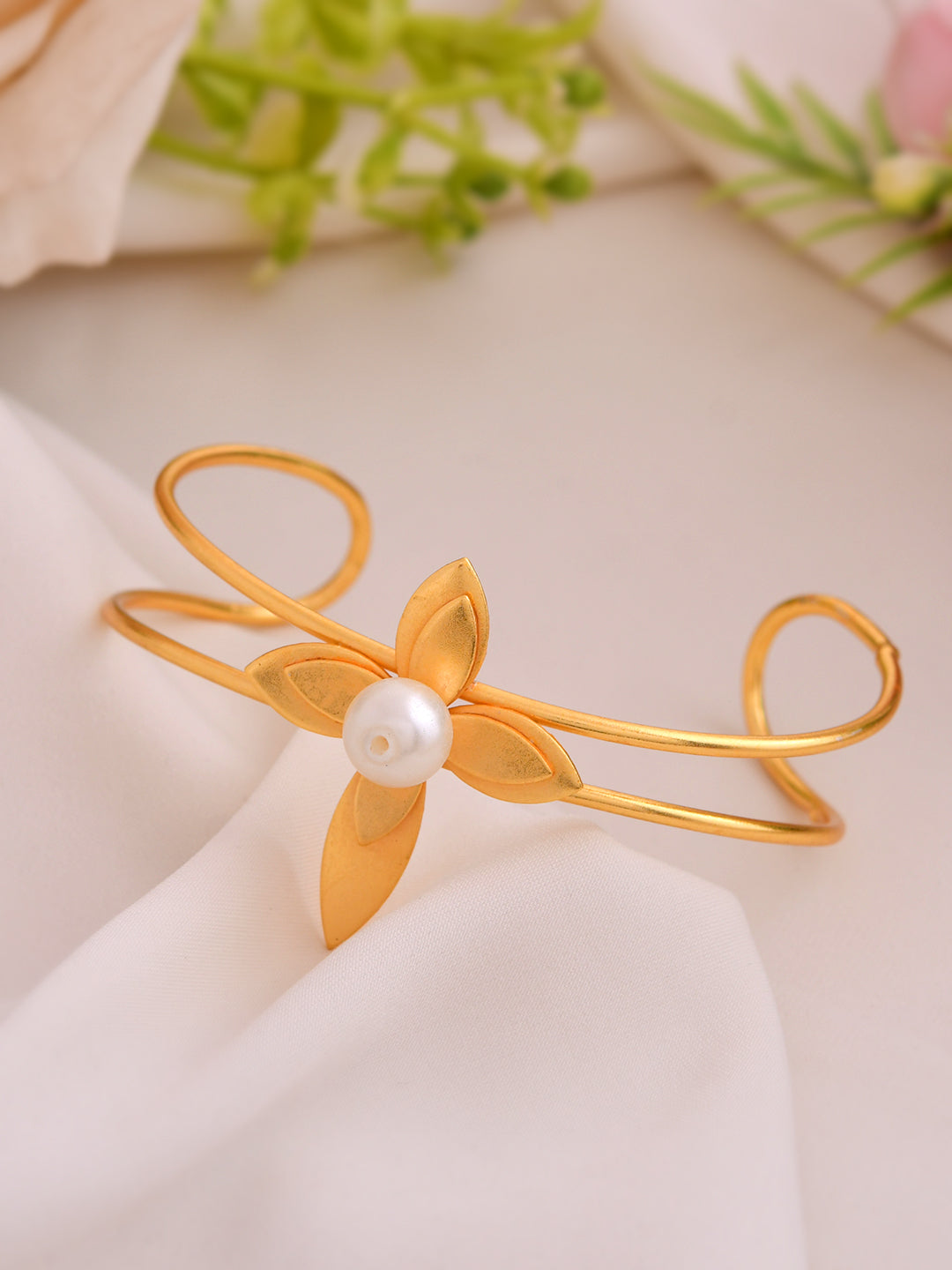 Gold Floral Pearl Bracelet For Women | Traditional & Ethnic Wear Bracelet