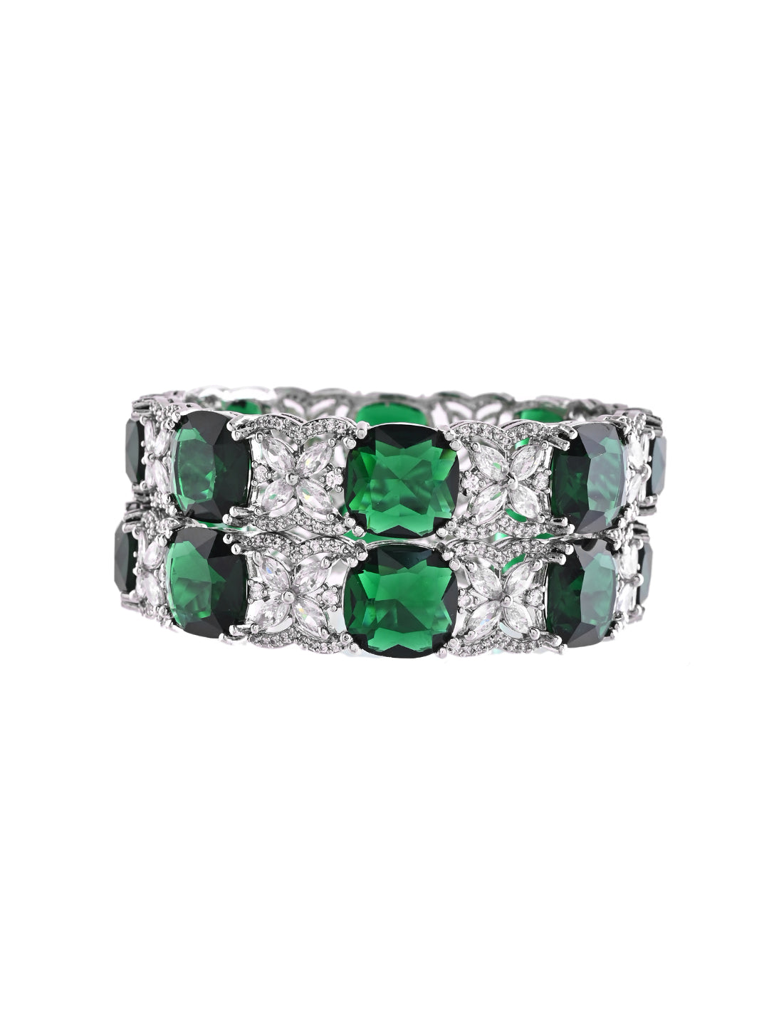 Silver-Plated Green CZ Stone Designer Bangles For Women & Girls | Party Wear & Bridal Bangles