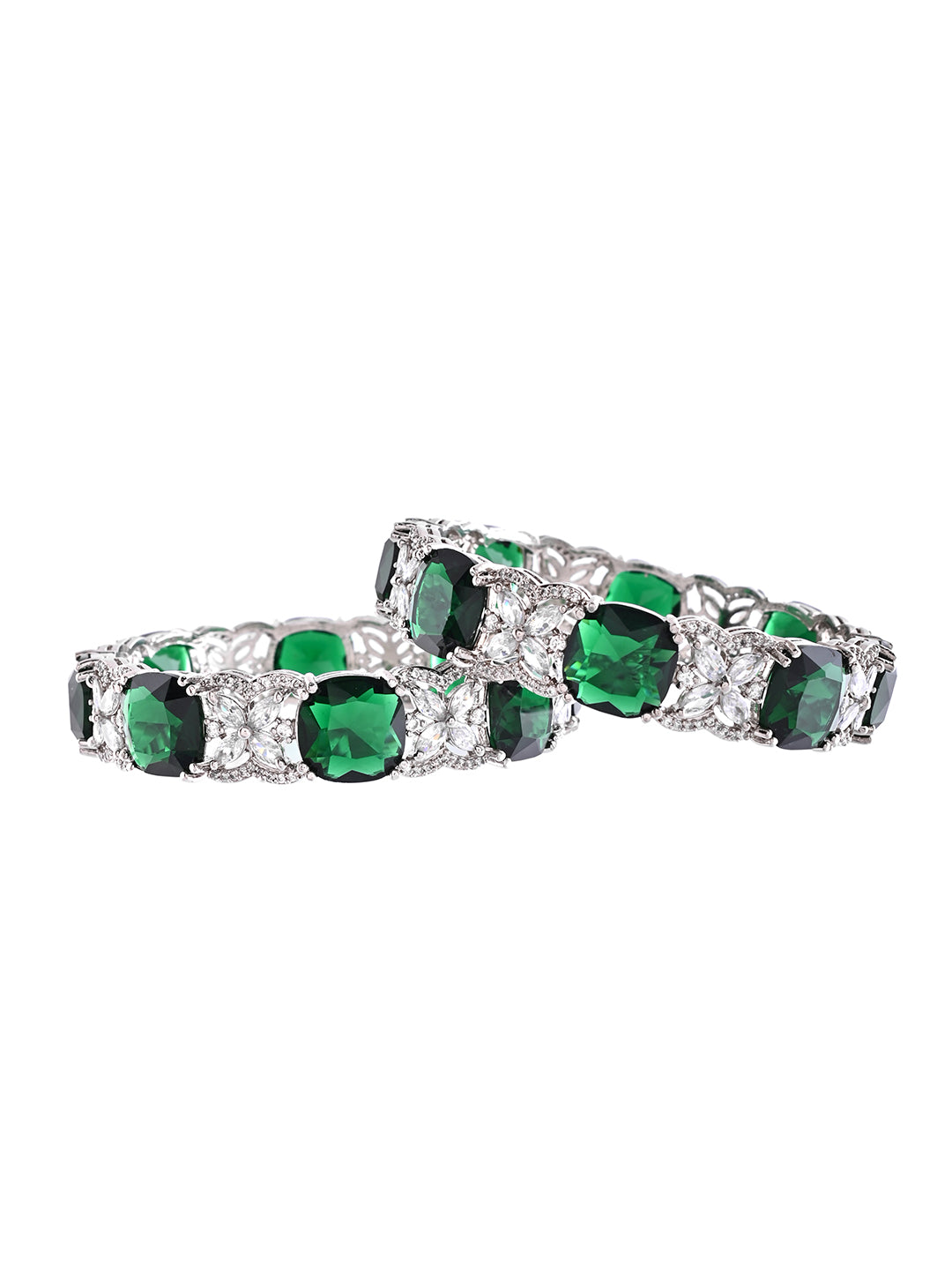 Silver-Plated Green CZ Stone Designer Bangles For Women & Girls | Party Wear & Bridal Bangles