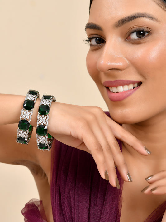 Silver-Plated Green CZ Stone Designer Bangles For Women & Girls | Party Wear & Bridal Bangles