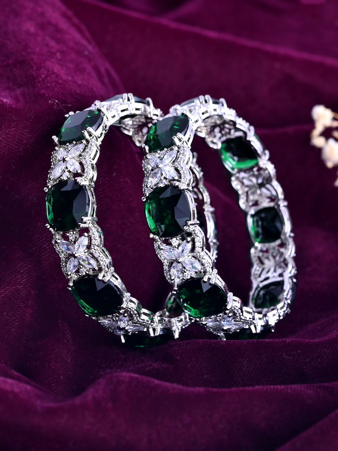 Silver-Plated Green CZ Stone Designer Bangles For Women & Girls | Party Wear & Bridal Bangles