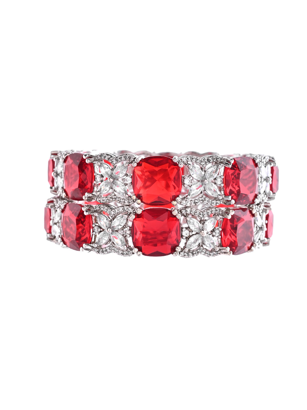Silver-Plated Red CZ Stone Designer Bangles For Women & Girls | Party Wear & Bridal Bangles