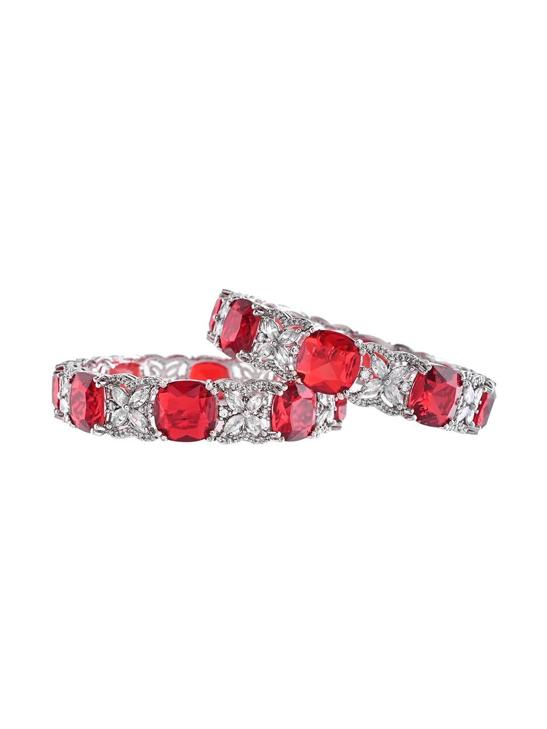 Silver-Plated Red CZ Stone Designer Bangles For Women & Girls | Party Wear & Bridal Bangles