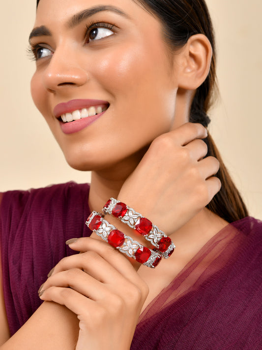 Silver-Plated Red CZ Stone Designer Bangles For Women & Girls | Party Wear & Bridal Bangles