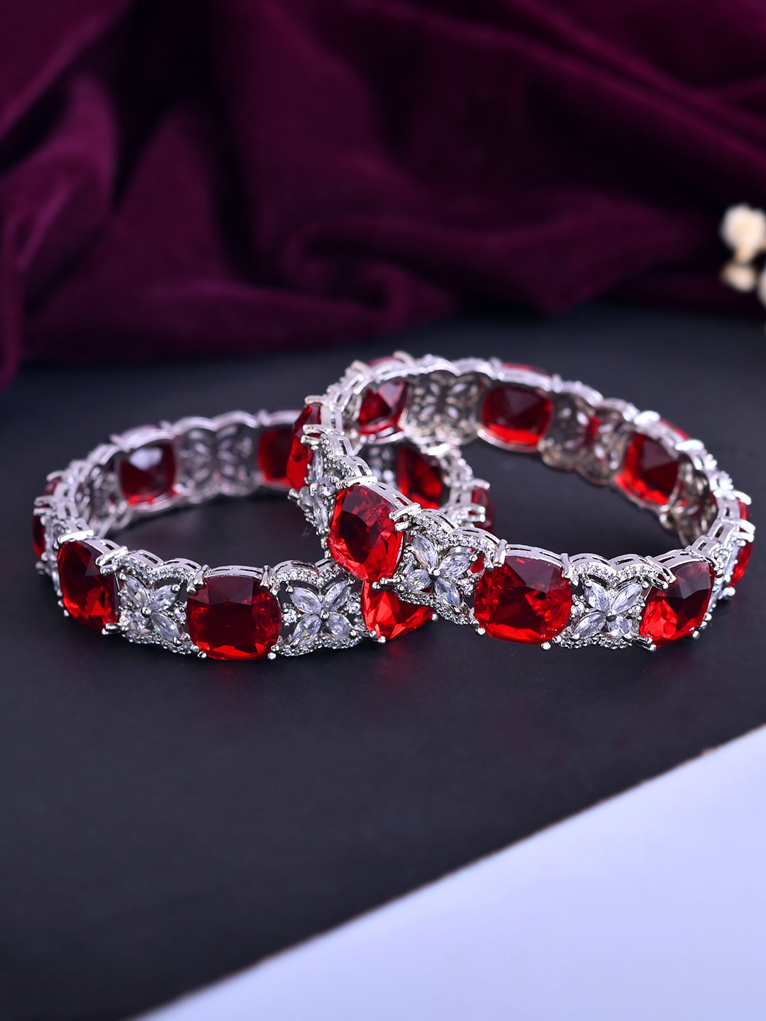 Silver-Plated Red CZ Stone Designer Bangles For Women & Girls | Party Wear & Bridal Bangles