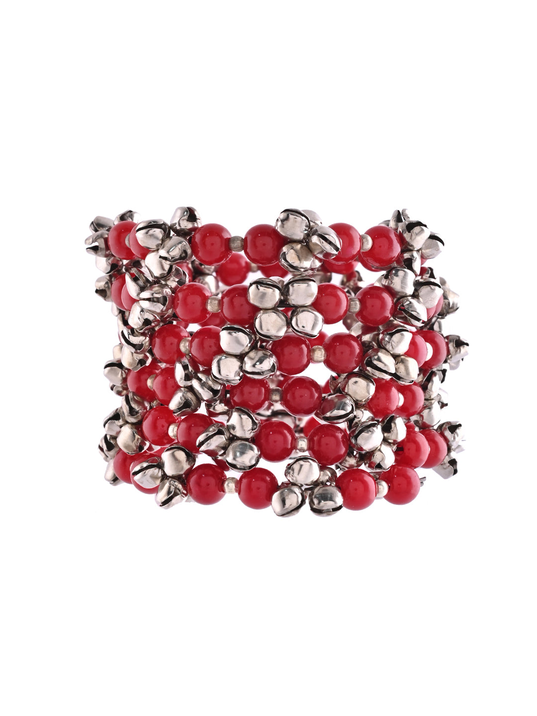 Oxidised Silver Ghungroo & Red Bead Bracelet | Ethnic Kada For Women