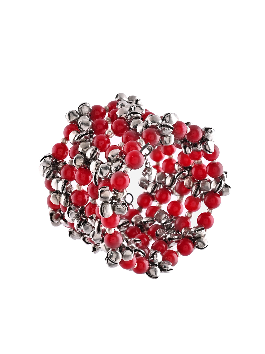 Oxidised Silver Ghungroo & Red Bead Bracelet | Ethnic Kada For Women