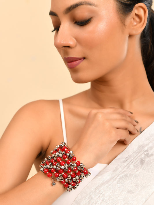 Oxidised Silver Ghungroo & Red Bead Bracelet | Ethnic Kada For Women
