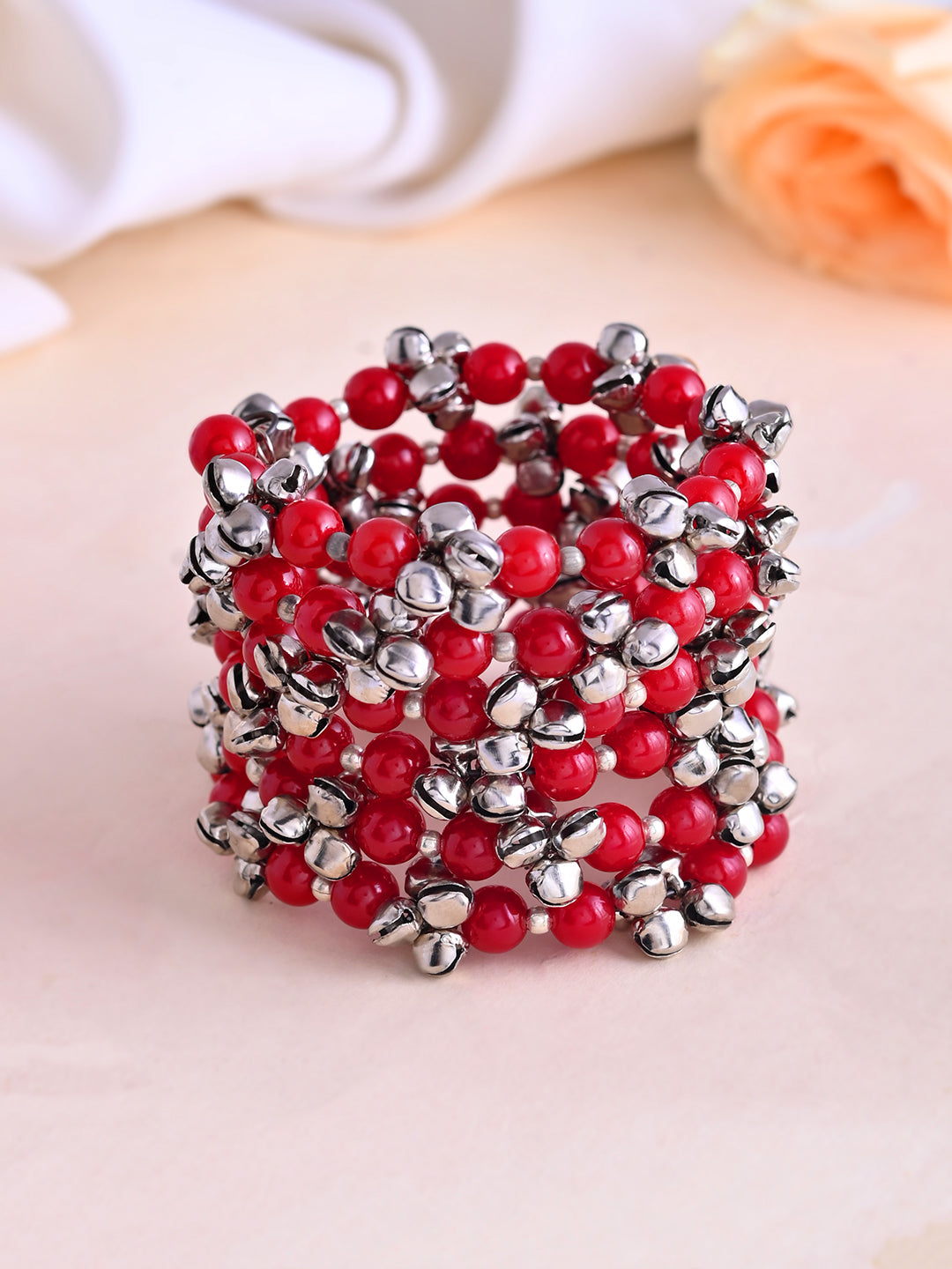 Oxidised Silver Ghungroo & Red Bead Bracelet | Ethnic Kada For Women