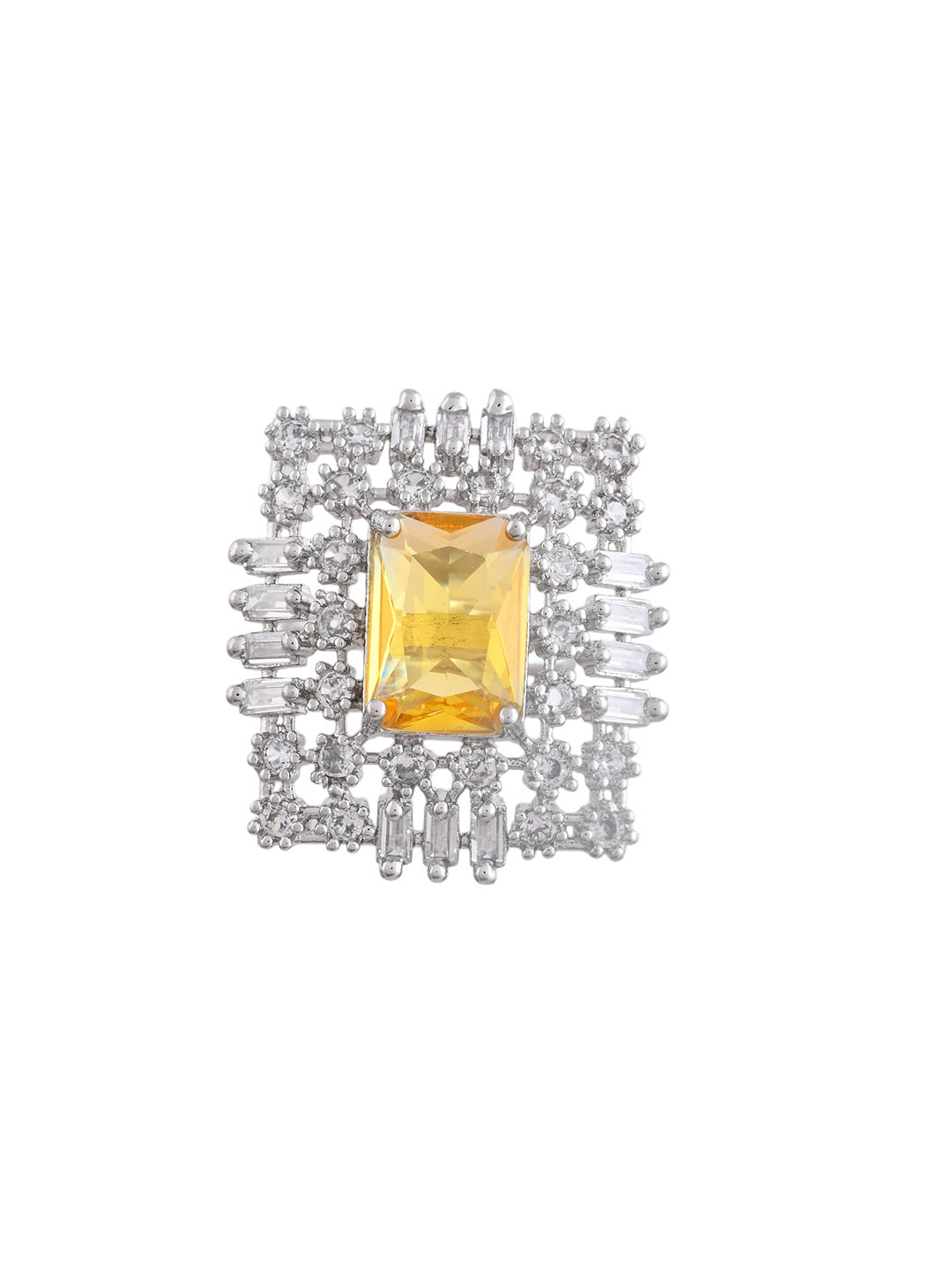 Yellow American Diamond & Silver Plated Square Ring for Women