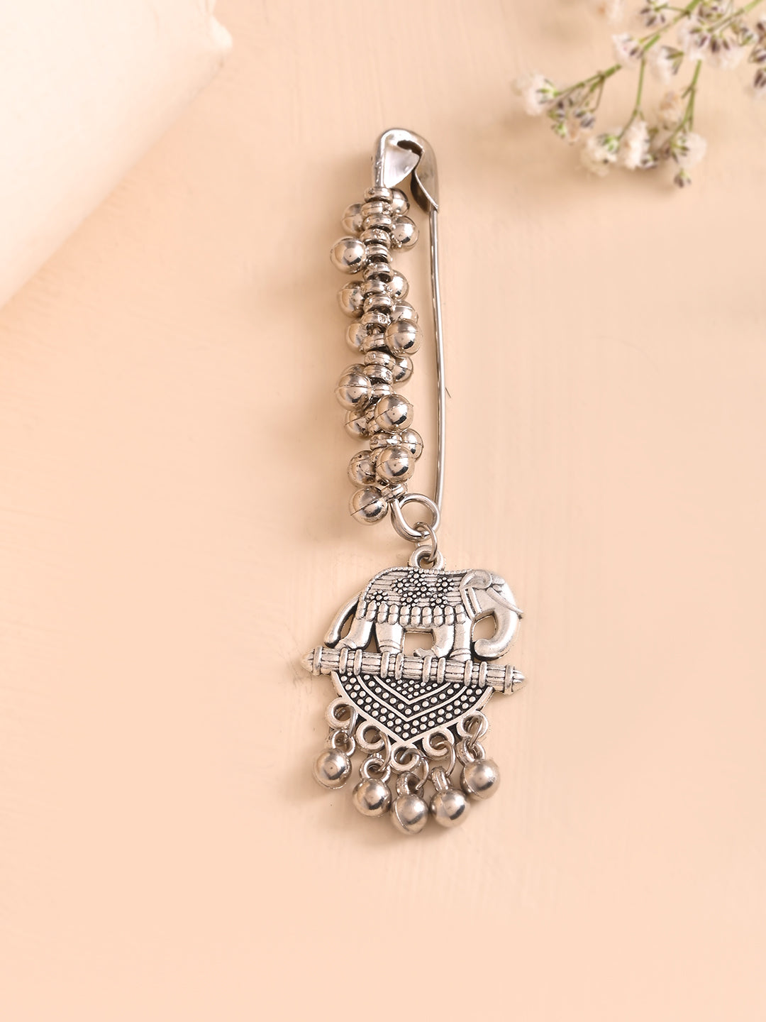 Oxidised Silver Saree Pin With Ghungroo For Women