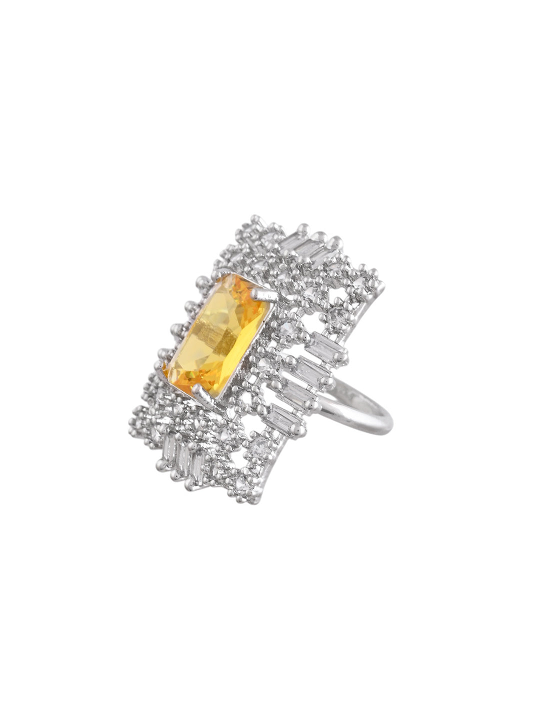 Yellow American Diamond & Silver Plated Square Ring for Women