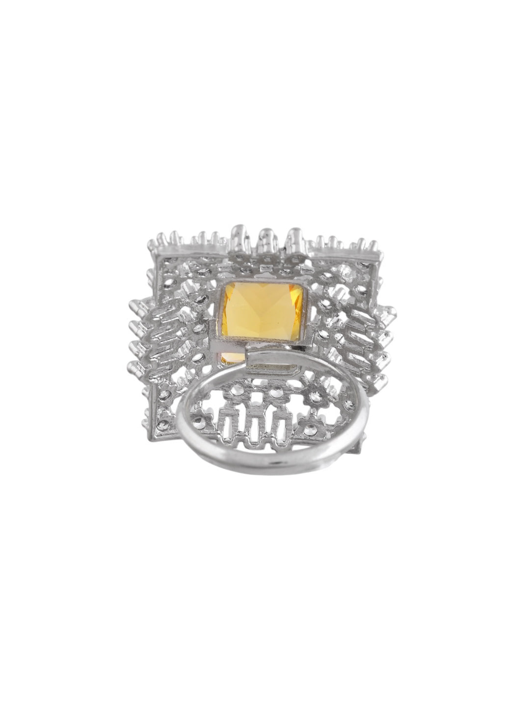 Yellow American Diamond & Silver Plated Square Ring for Women