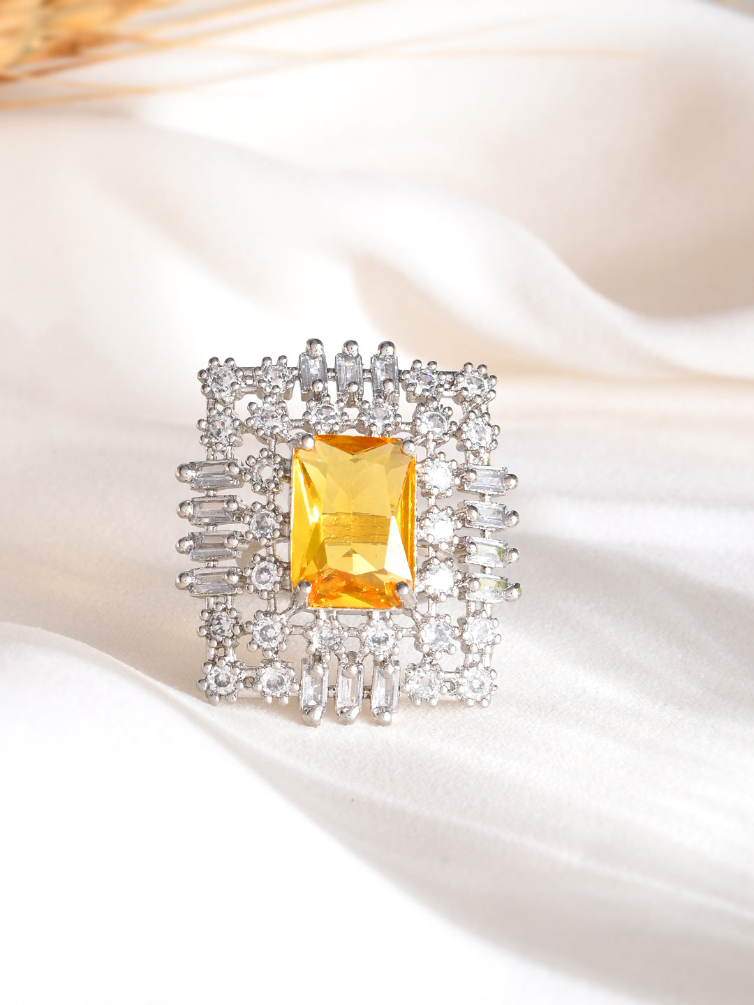 Yellow American Diamond & Silver Plated Square Ring for Women