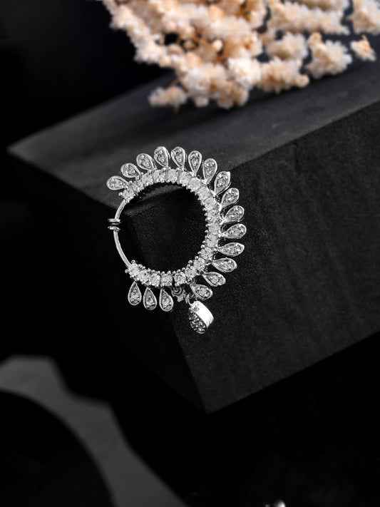 Premium Silver-Plated CZ Bridal Nose Ring | Sparkling Stone Nath For Women