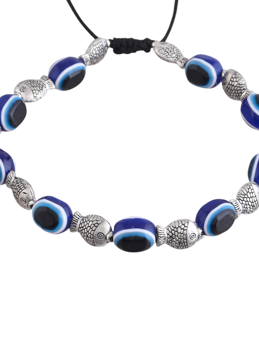 Silver-plated Fish & Beads Evil Eye black traed Anklet