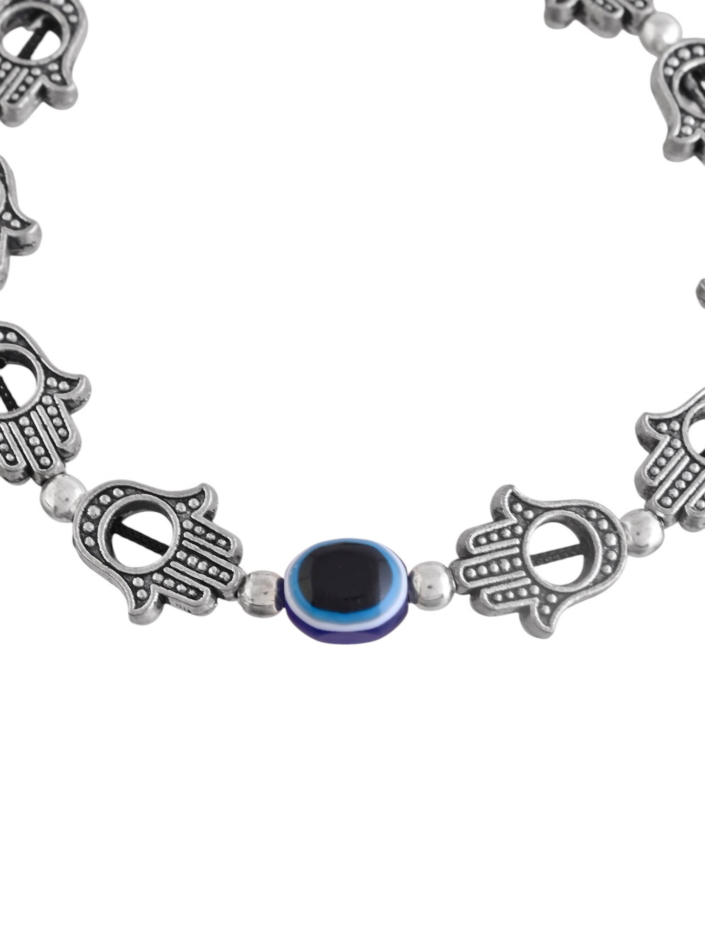 Silver-plated Hand & Beads Evil Eye black traed Anklet