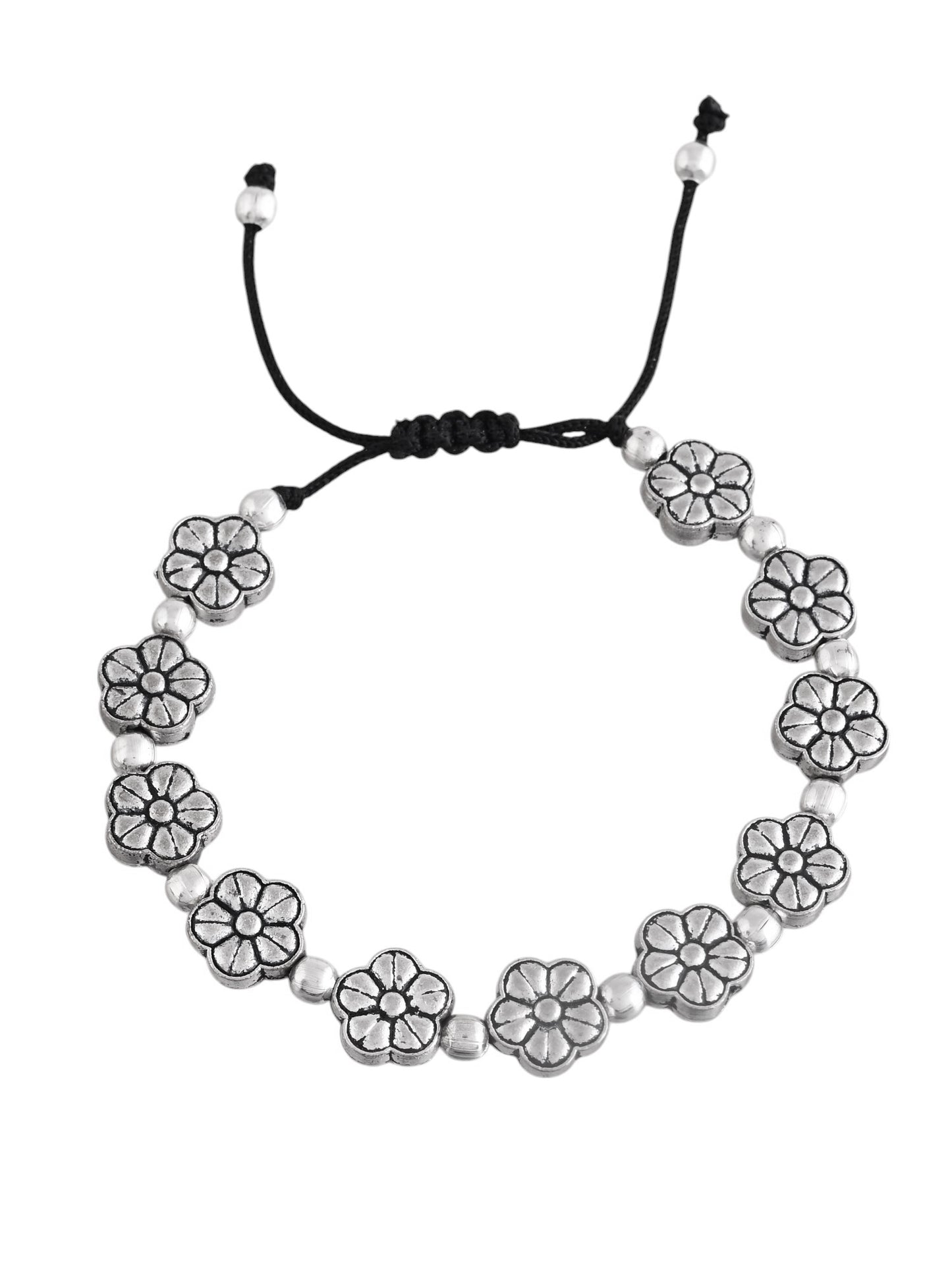 Silver-plated Flower & Beads  black traed Anklet