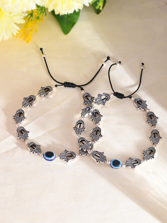 Silver-plated Hand & Beads Evil Eye black traed Anklet