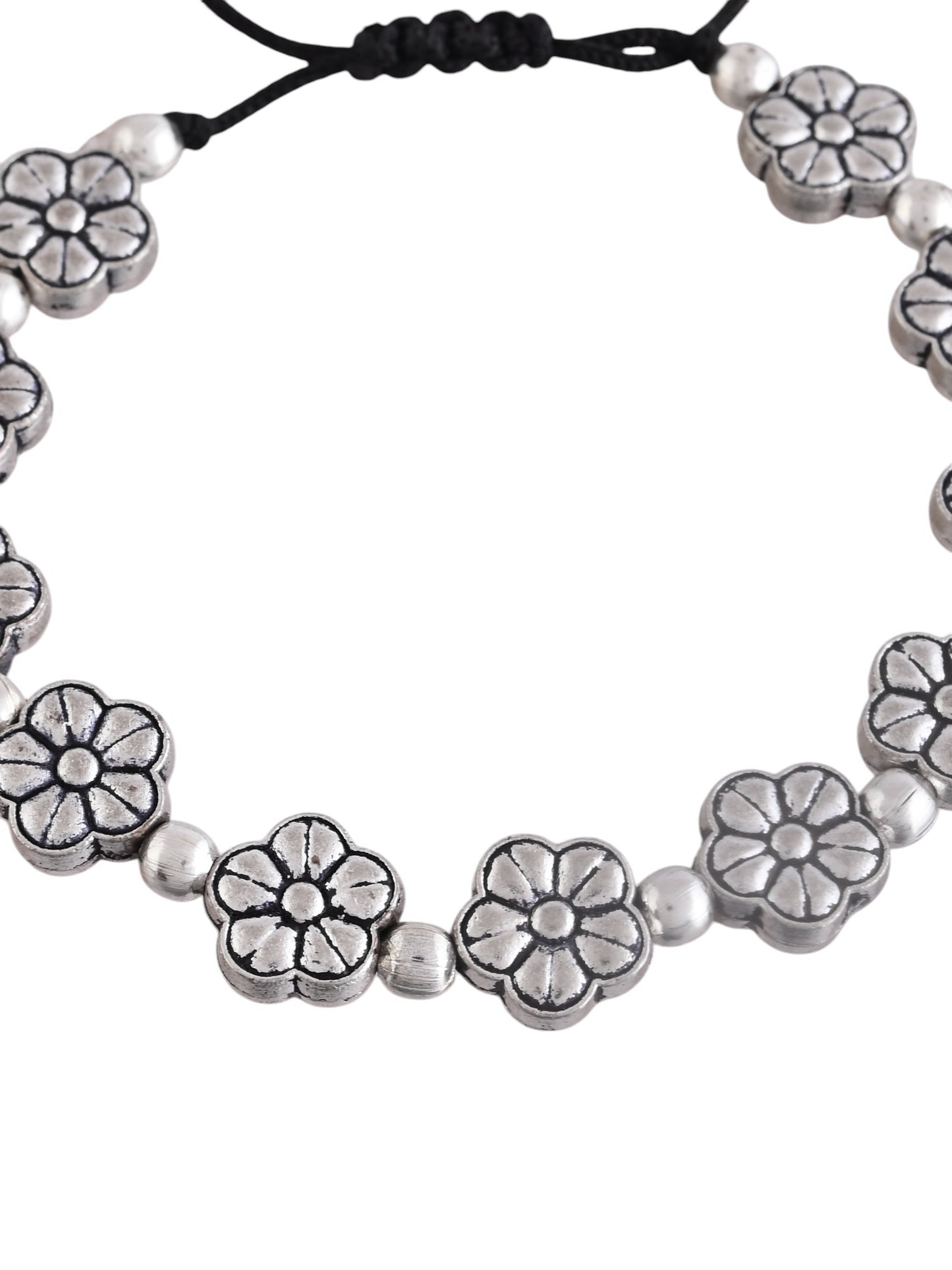 Silver-plated Flower & Beads  black traed Anklet