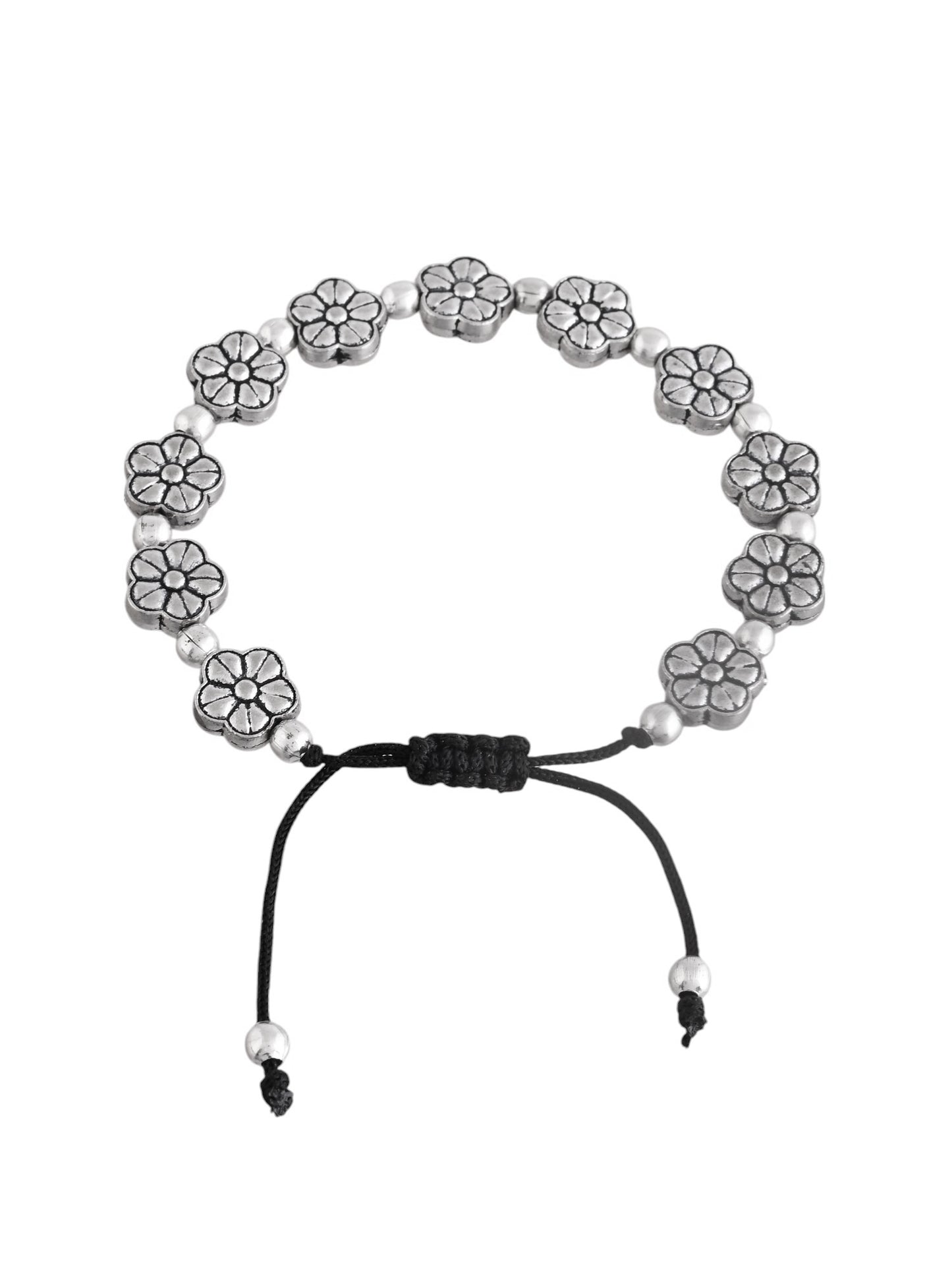 Silver-plated Flower & Beads  black traed Anklet